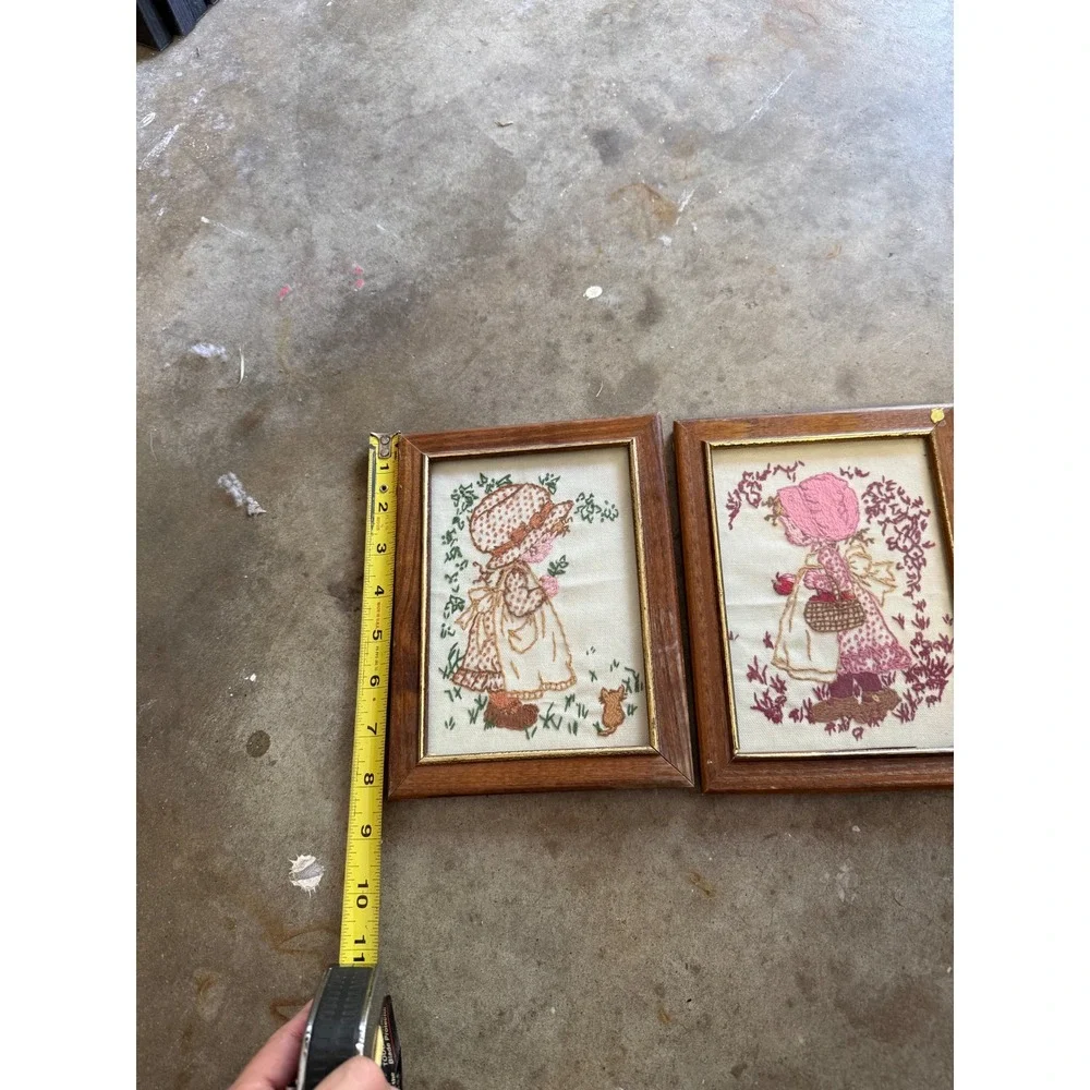 Vintage Holly Hobbie Style Needlepoint Framed Wall Art Set of 2 Kay Valentina